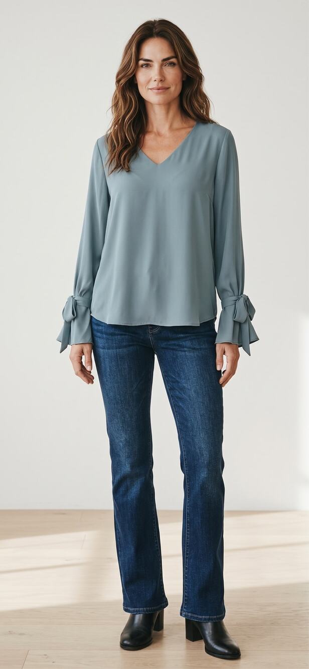 NWOT M Doe & Rae Slate Blue V Neck Long Sleeve Tie Wrist Cuff Blouse